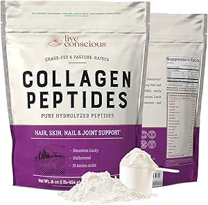 Live Conscious Collagen Peptides Powder - Naturally-Sourced Hydrolyzed Collagen Powder - Hair, Skin, Nail, and Joint Support - Type I & III Grass-Fed Collagen Supplements for Women and Men
