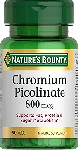 Nature's Bounty Chromium Picolinate, Supports Fat, Protein & Sugar Metabolism, Mineral Supplement, 800 mcg