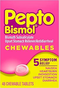 Pepto Bismol Chewable Tablets, Upset Stomach Relief, Nausea Relief, Heartburn Relief, Indigestion Relief, Anti Diarrhea Medication for Adults - 5 Symptom Relief