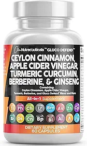 Clean Nutraceuticals Ceylon Capsules + Berberine Turmeric Apple Cider Vinegar Ginseng Bitter Melon Gymnema Milk Thistle Fenugreek Supplement Pills Powder for Men & Women